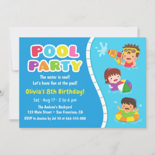 Cute Kids Pool Party Fun Birthday Invitations