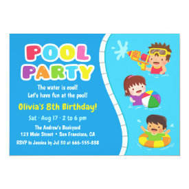 Cute Kids Pool Party Fun Birthday Invitations