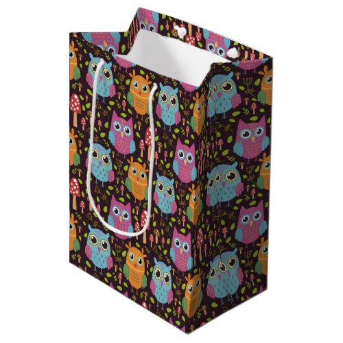 Cute Kids Purple Blue Orange Owls Medium Gift Bag