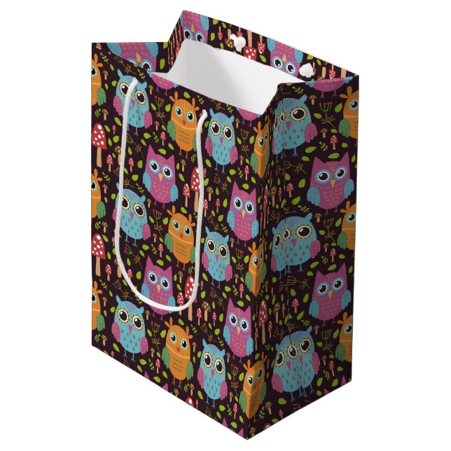 Cute Kids Purple Blue Orange Owls Medium Gift Bag (Front Angled)