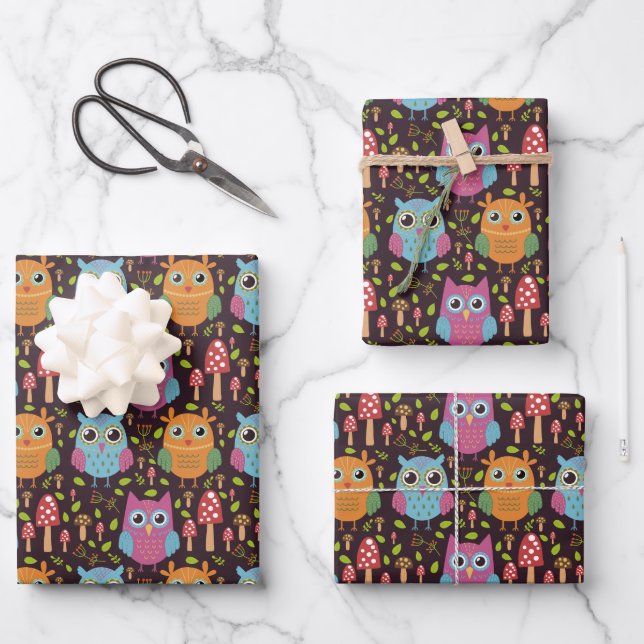 Cute Kids Purple Blue Orange Owls Wrapping Paper Sheets (Front)