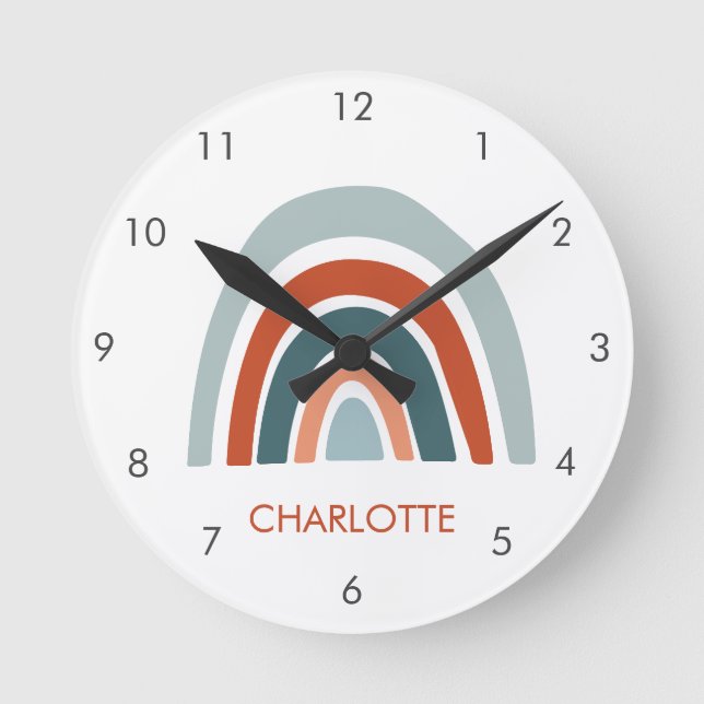 Cute Kids Rainbow Name Boho Round Clock (Front)