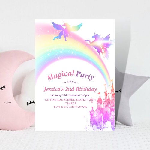 Cute Kids Rainbow Unicorn Girly 1st Kids Birthday Invitation