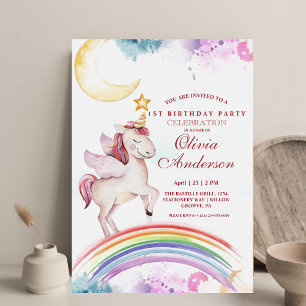 Cute Kids Rainbow Unicorn Girly Birthday Party Invitation