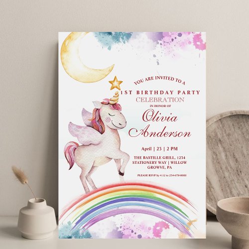 Cute Kids Rainbow Unicorn Girly Birthday Party  Invitation
