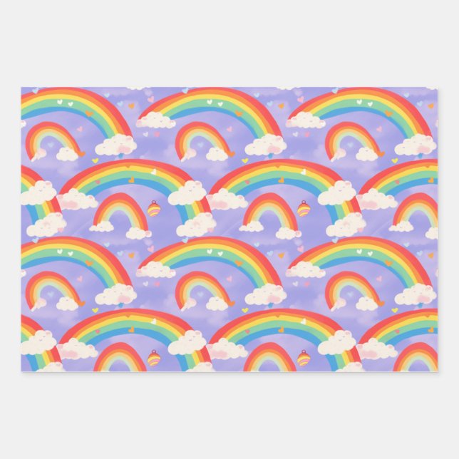 Cute Kids Rainbows and Clouds Repeating Pattern Wrapping Paper Sheets (Front)