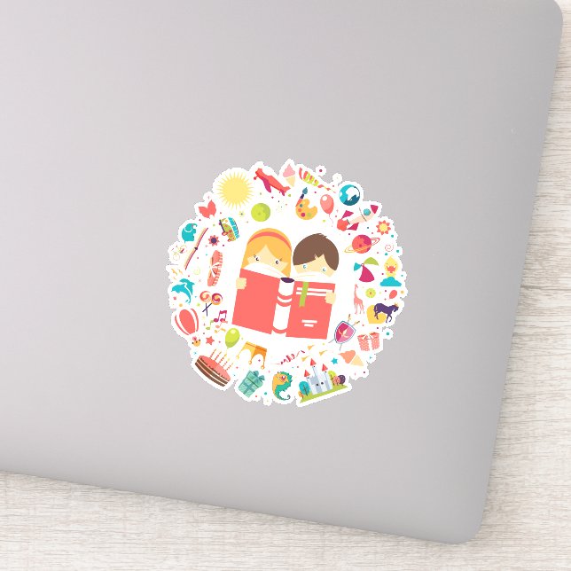 Cute kids reading cartoon sticker (Detail)