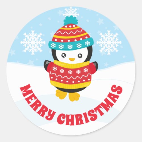 Cute Kids Red Christmas Jumper Penguin Classic Round Sticker