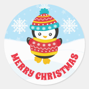 Cute Kids Red Christmas Jumper Penguin Classic Round Sticker