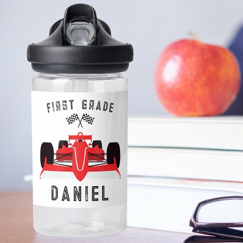 Cute Kids Red Racing Car Back to School Water Bottle