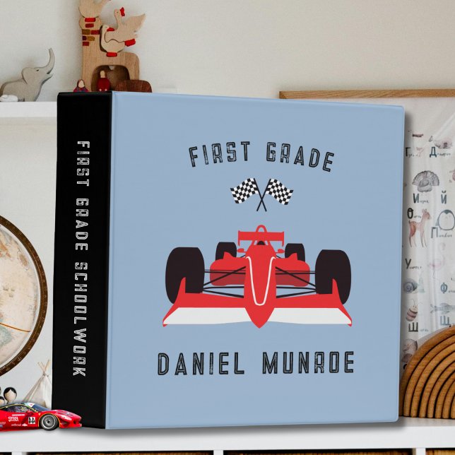 Cute Kids Red Racing Car Blue Back to School 3 Ring Binder (Creator Uploaded)