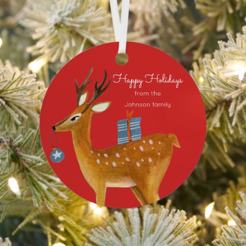 Cute kids reindeer christmas metal ornament