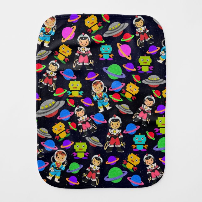Cute Kids Retro Astronauts, Robots and Planets Burp Cloth (Front)