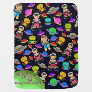 Cute Kids Retro Astronauts, Robots and Planets Swaddle Blanket