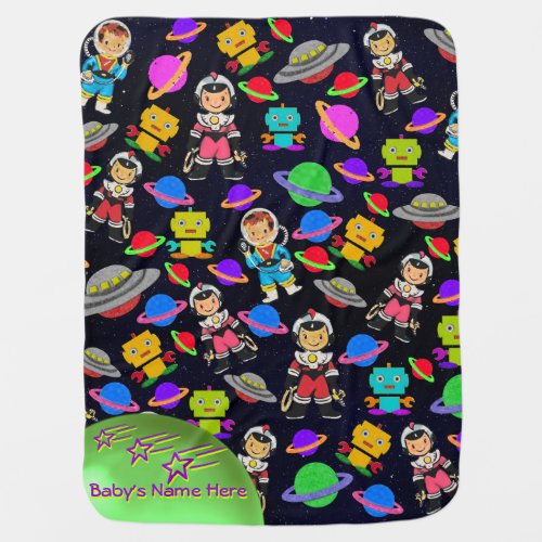 Cute Kids Retro Astronauts Robots and Planets Swaddle Blanket