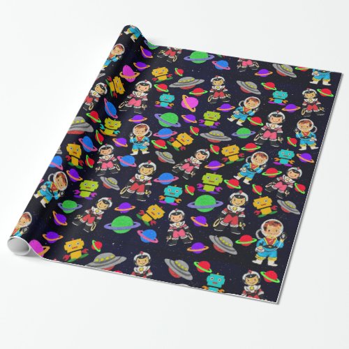 Cute Kids Retro Astronauts Robots and Planets v2 Wrapping Paper