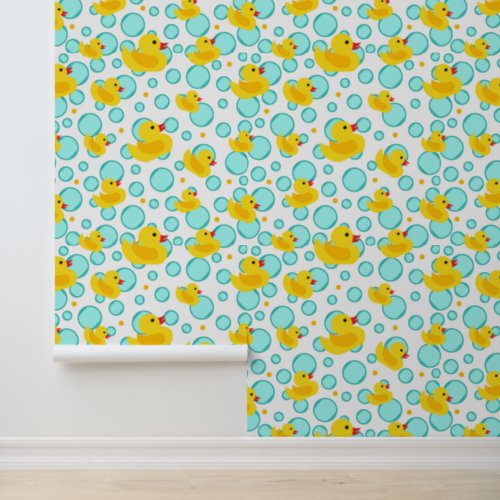 Cute Kids Rubber Ducks and Bubbles Blue and Yellow Wallpaper