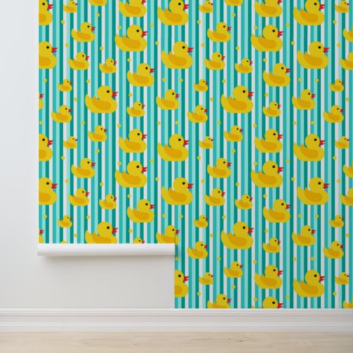 Cute Kids Rubber Ducks on Stripes Blue and Yellow Wallpaper