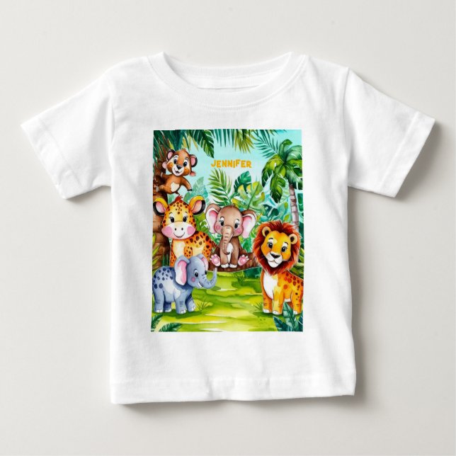 Cute Kids Safari Jungle Animals Personalized Name Baby T-Shirt (Front)