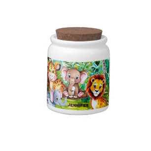 Cute Kids Safari Jungle Animals Personalized Name Candy Jar