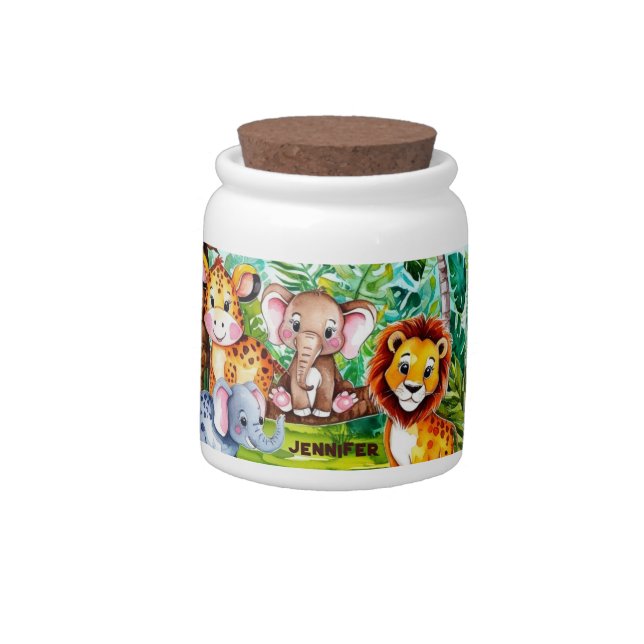 Cute Kids Safari Jungle Animals Personalized Name Candy Jar (Left)