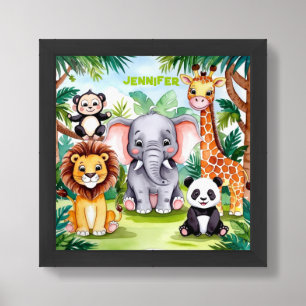 Cute Kids Safari Jungle Animals Personalized Name Framed Art