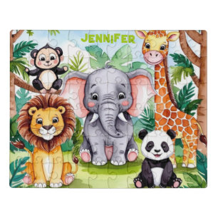 Cute Kids Safari Jungle Animals Personalized Name Jigsaw Puzzle
