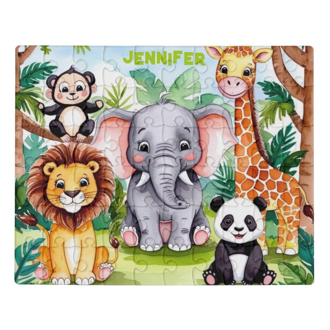 Cute Kids Safari Jungle Animals Personalized Name Jigsaw Puzzle (Puzzle Horizontal)
