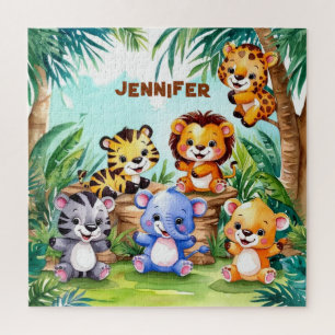 Cute Kids Safari Jungle Animals Personalized Name Jigsaw Puzzle