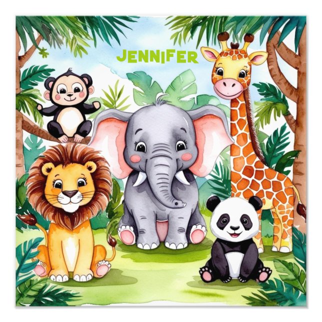 Cute Kids Safari Jungle Animals Personalized Name Photo Print (Front)