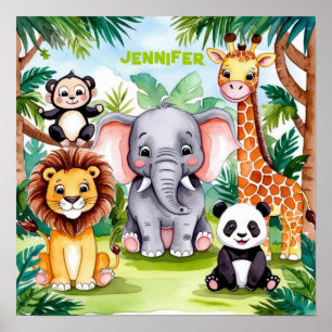 Cute Kids Safari Jungle Animals Personalized Name Poster