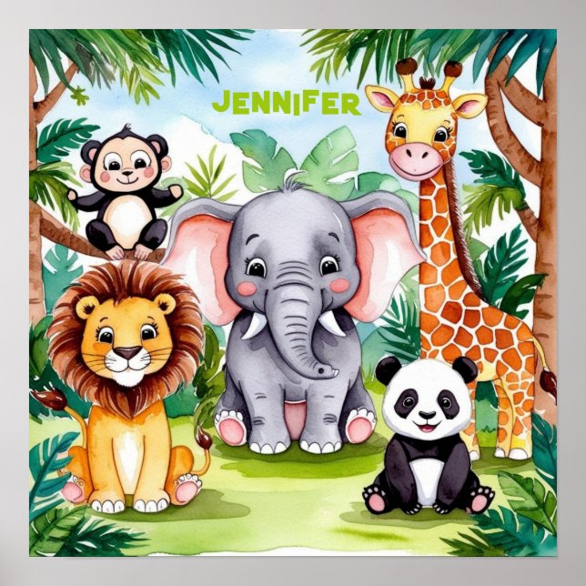 Cute Kids Safari Jungle Animals Personalized Name Poster (Front)