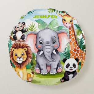 Cute Kids Safari Jungle Animals Personalized Name Round Pillow