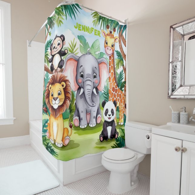 Cute Kids Safari Jungle Animals Personalized Name Shower Curtain (In Situ)