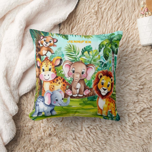 Cute Kids Safari Jungle Animals Personalized Name Throw Pillow (Blanket)