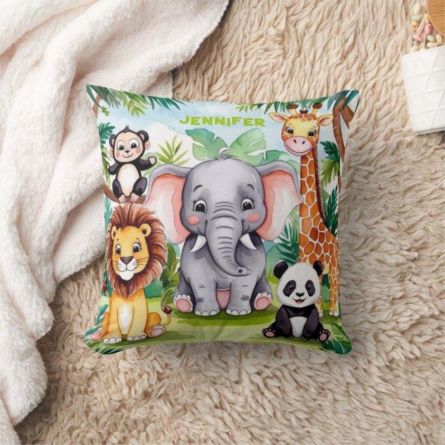 Cute Kids Safari Jungle Animals Personalized Name Throw Pillow (Blanket)