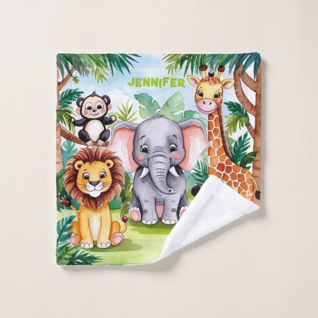 Cute Kids Safari Jungle Animals Personalized Name Wash Cloth (Wash Cloth)