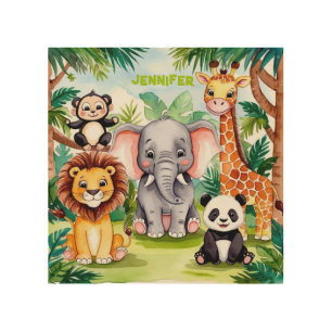 Cute Kids Safari Jungle Animals Personalized Name Wood Wall Art