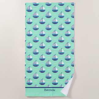 Cute Kids Sailboat Pattern Sea Green Beach Towel