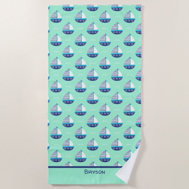 Cute Kids Sailboat Pattern Sea Green Beach Towel (Front)