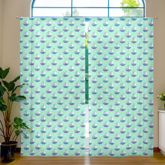 Cute Kids Sailboat Pattern Sea Green Sheer Curtains