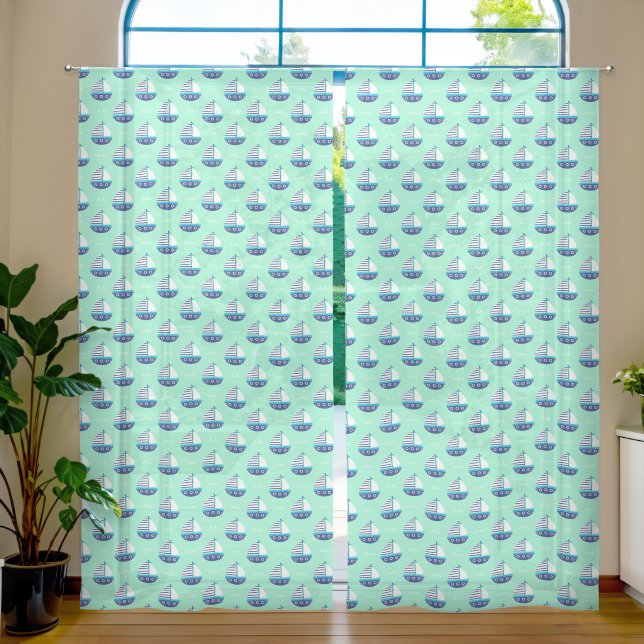 Cute Kids Sailboat Pattern Sea Green Sheer Curtains (Living Room)