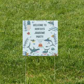 Cute Kid's Shark Themed Birthday Welcome Yard Sign