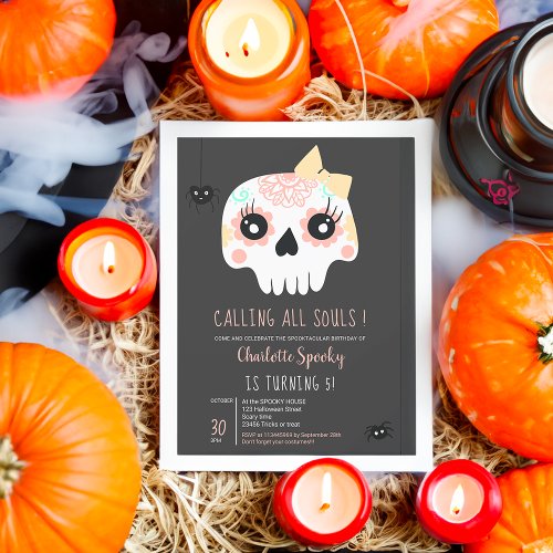 Cute kids Skull pink bow Halloween 5th birthday Invitation