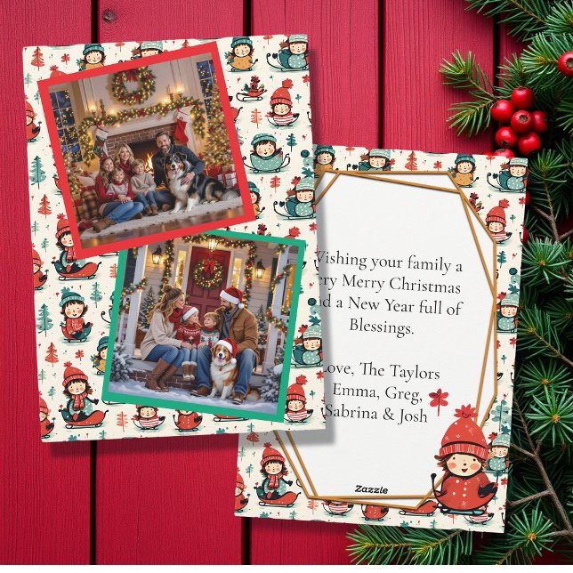 Cute Kids Sledding Two Photo Christmas Holiday Card (Creator Uploaded)