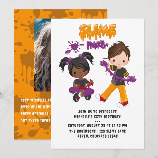 Cute Kids Slime Party Birthday Photo Invitation (Front/Back)