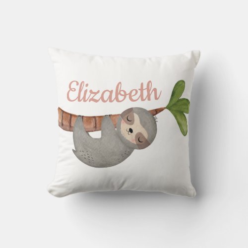 Cute Kids Sloth Tropical Forest Animal Monogram Throw Pillow
