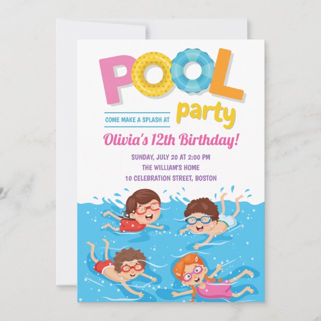 Cute Kids Summer Pool Party Birthday Invitation (Front)