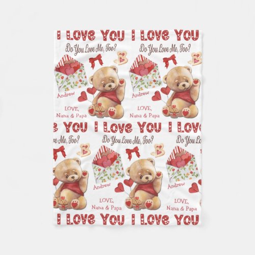 Cute Kids Teddy Bear I Love You Valentine Fleece Blanket