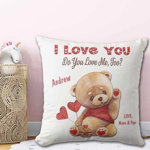 Cute Kids Teddy Bear I Love You Valentine Throw Pillow